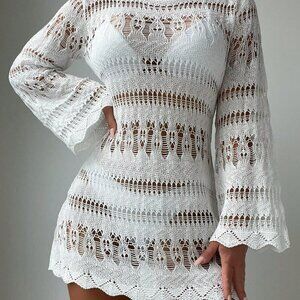 White Boho Women's Beach Hollow Out Scallop Trim Flounce Sleeve Cover Up Dress